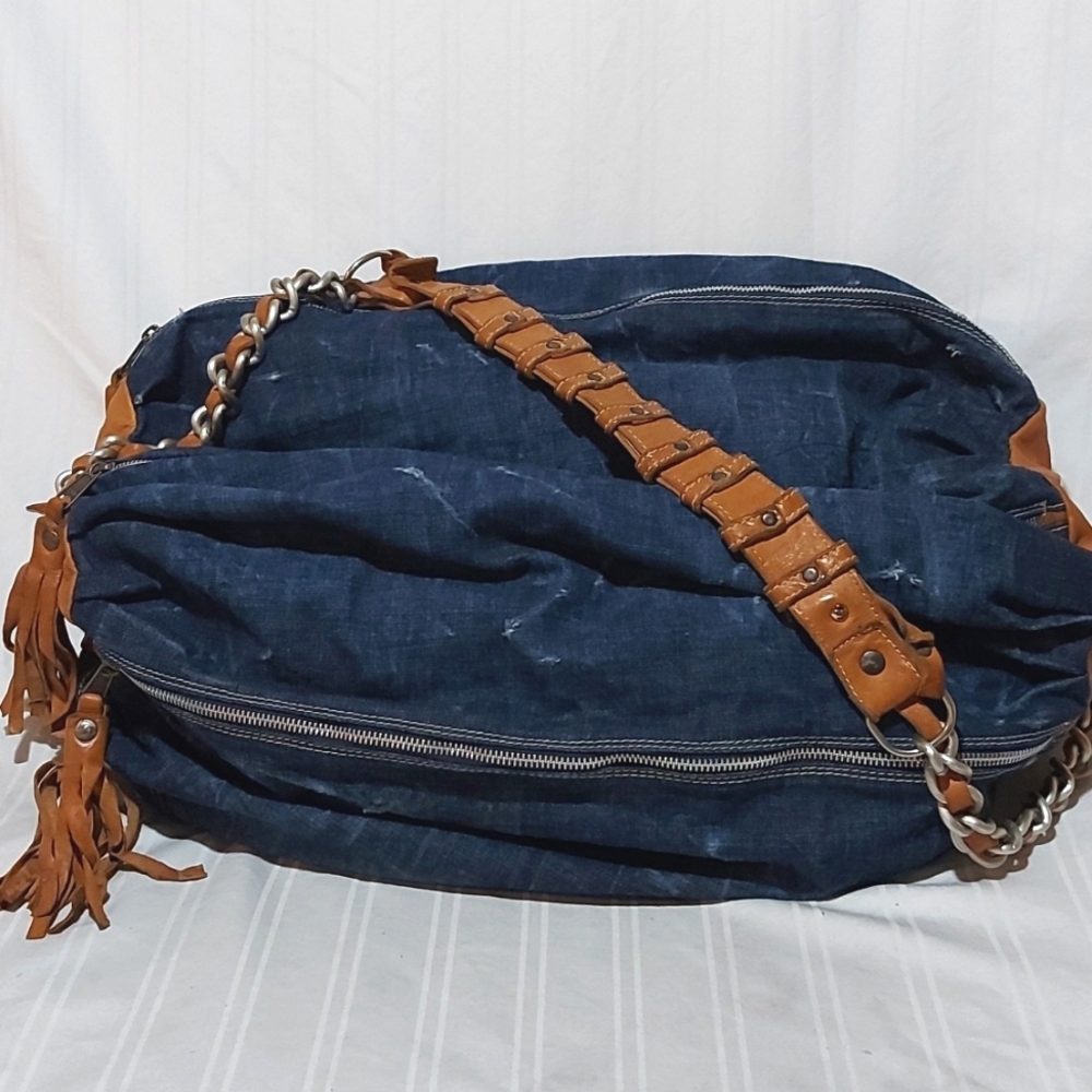 Denim and Tan Hobo Bag